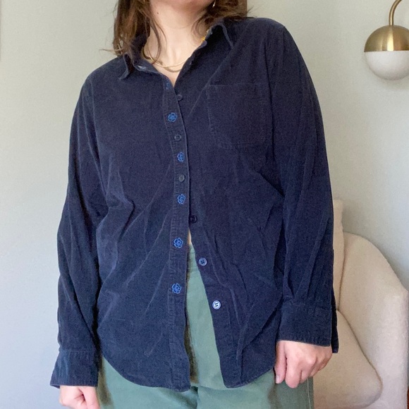 Navy Corduroy Long Sleeve Button Down with Floral Detail - Picture 1 of 6